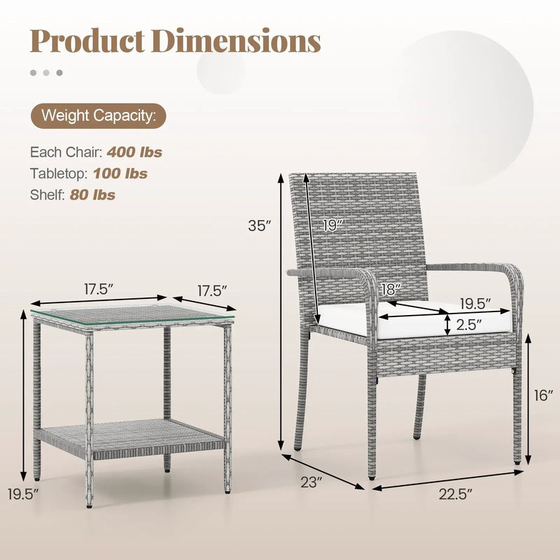 3 Piece Patio Furniture Set with Seat Cushions and Tempered Glass Tabletop for Balcony by DirectDeals