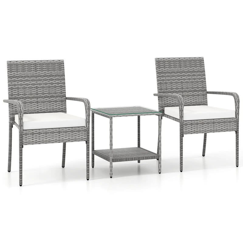 3 Piece Patio Furniture Set with Seat Cushions and Tempered Glass Tabletop for Balcony by DirectDeals