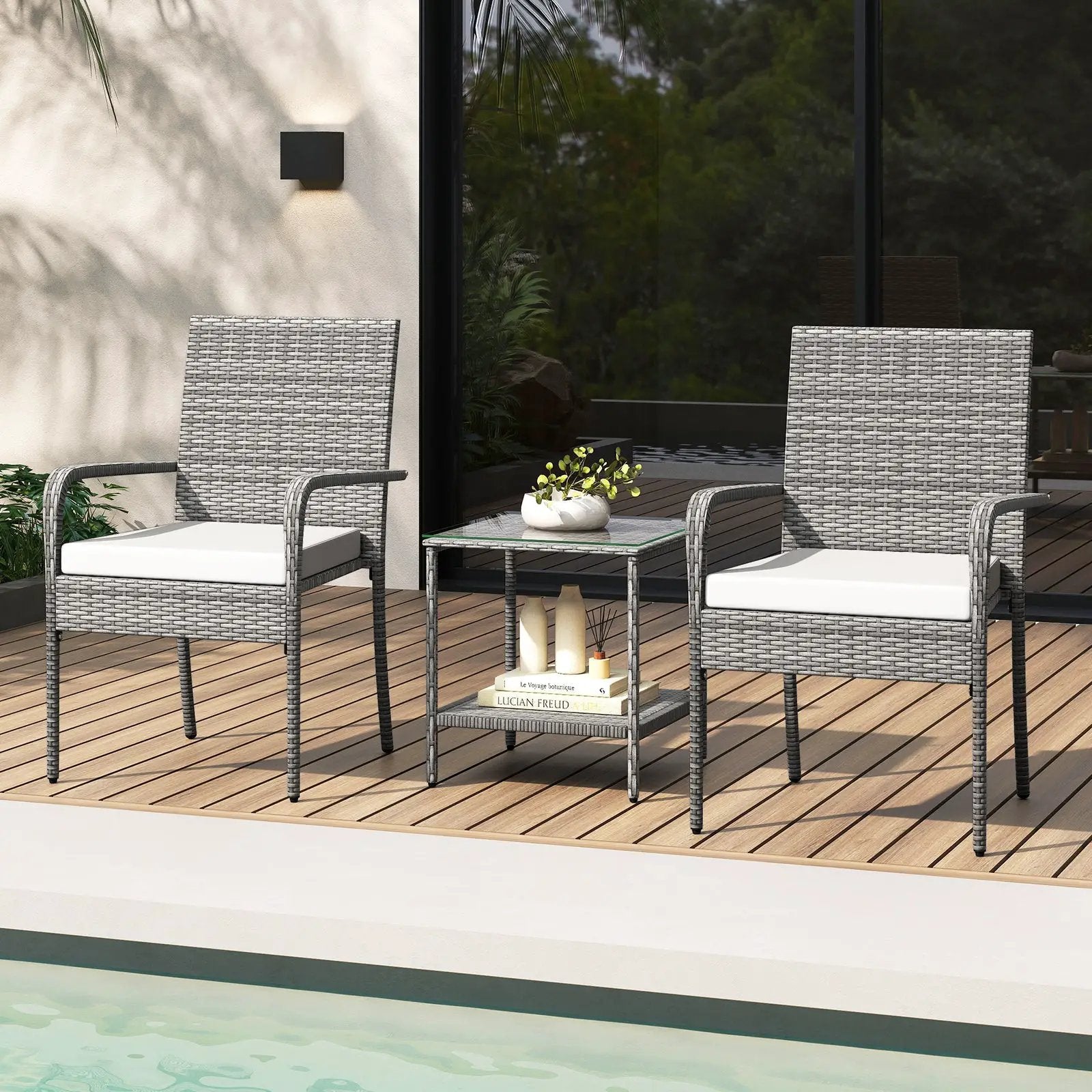 3 Piece Patio Furniture Set with Seat Cushions and Tempered Glass Tabletop for Balcony by DirectDeals