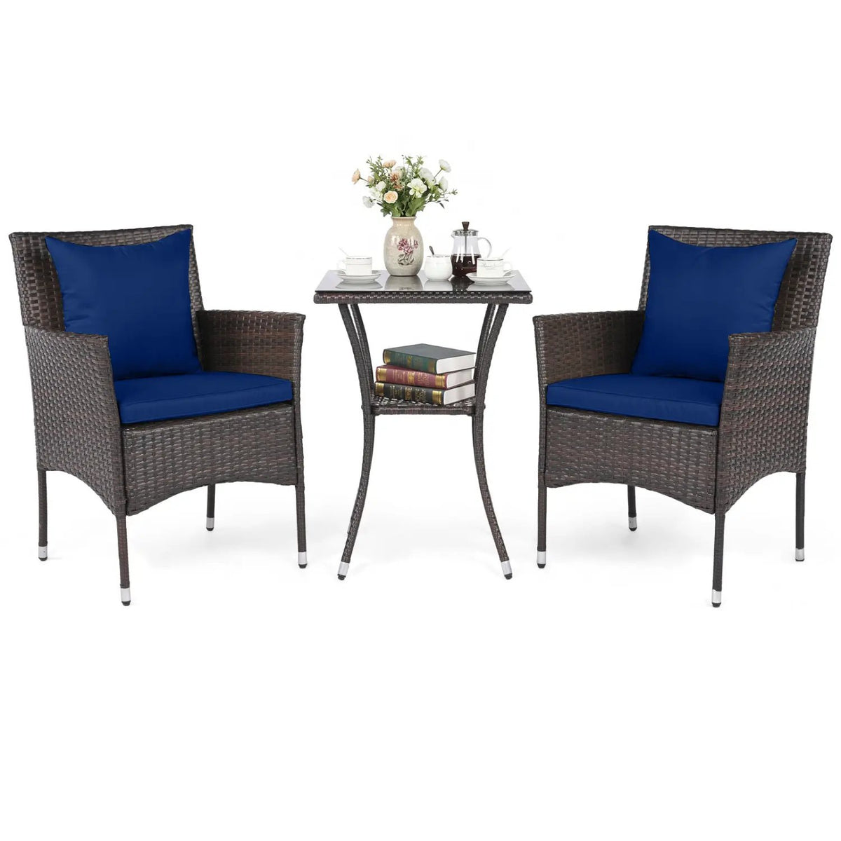 3 Pieces Patio Furniture Set with Cushioned Patio Chairs and Tempered Glass Coffee Table-Brown by DirectDeals