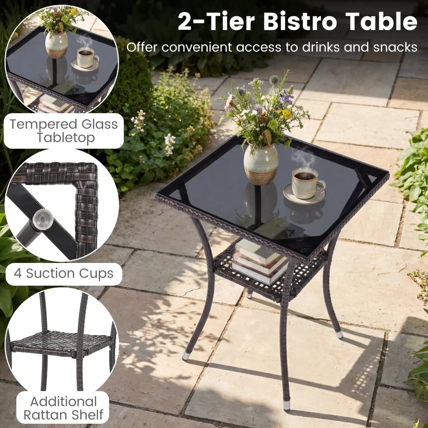 3 Pieces Patio Furniture Set with Cushioned Patio Chairs and Tempered Glass Coffee Table-Brown by DirectDeals