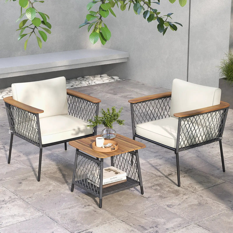 3 Piece Patio Furniture Set Rattan Chair Set with 2-Tier Coffee Table-White by DirectDeals