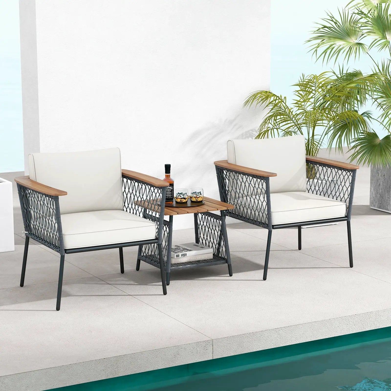 3 Piece Patio Furniture Set Rattan Chair Set with 2-Tier Coffee Table-White by DirectDeals