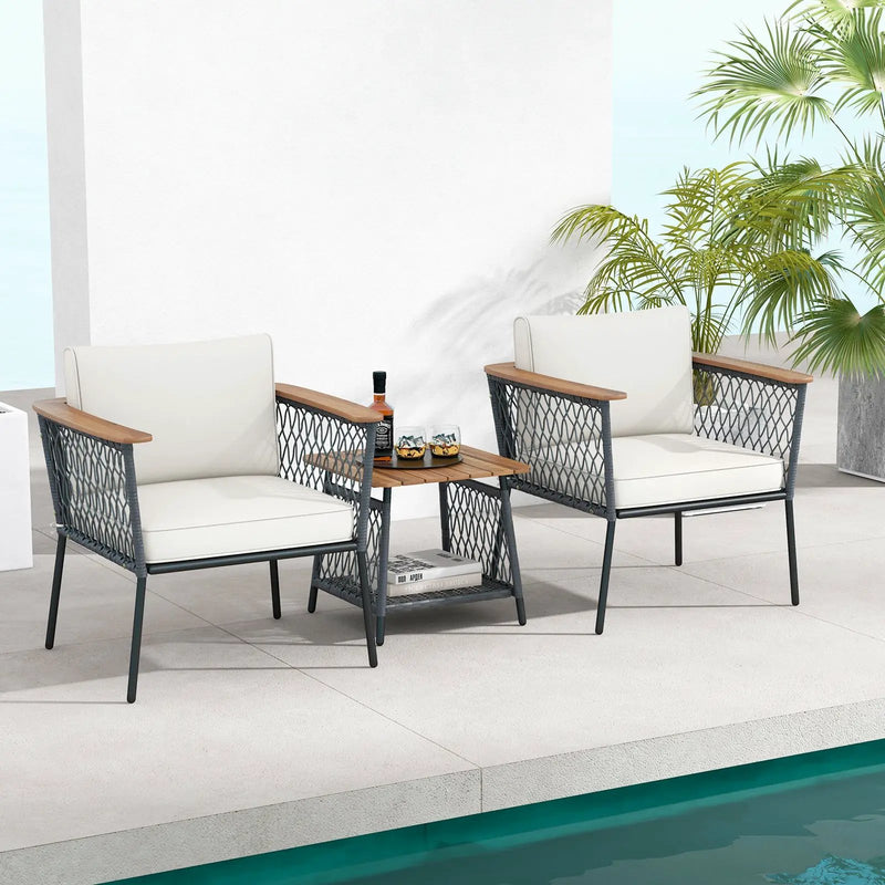 3 Piece Patio Furniture Set Rattan Chair Set with 2-Tier Coffee Table-White by DirectDeals