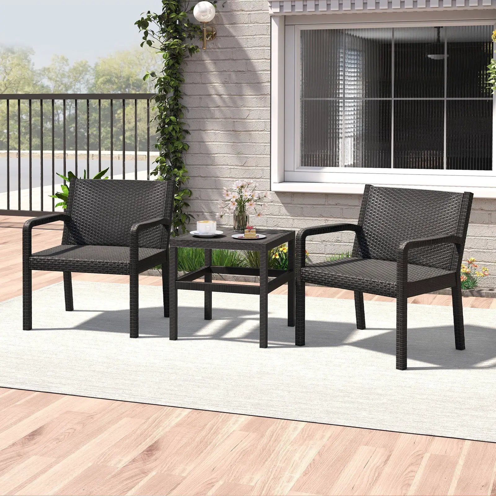 3 Piece Patio Furniture Set with 2 Modern Rattan Armchair and 25 Inch Squire Side Table-Black by DirectDeals