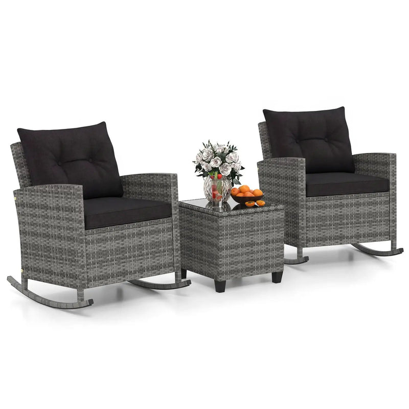 3-Piece Patio Rocking Chair Set with Glass Table & Cushions by DirectDeals