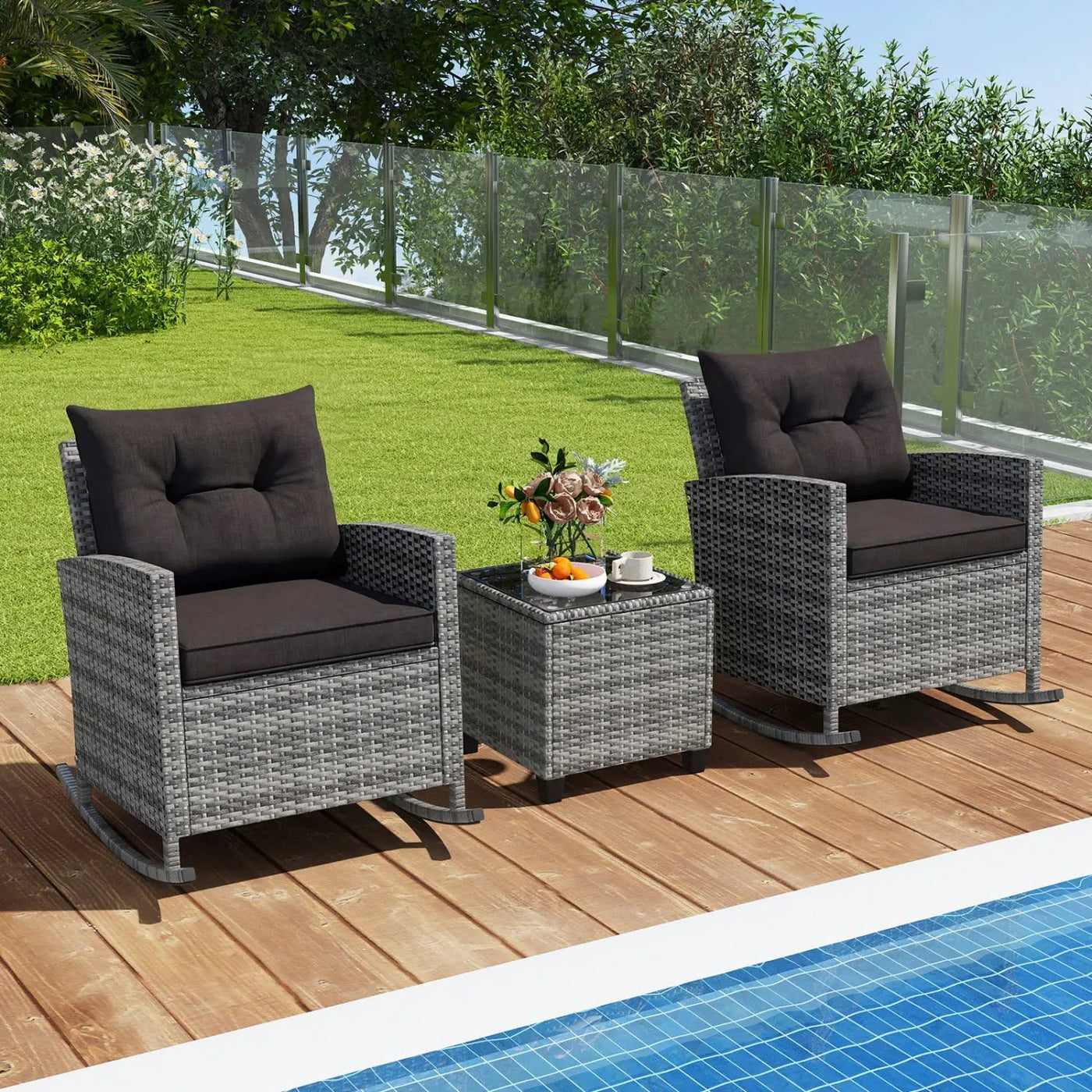 3-Piece Patio Rocking Chair Set with Glass Table & Cushions by DirectDeals