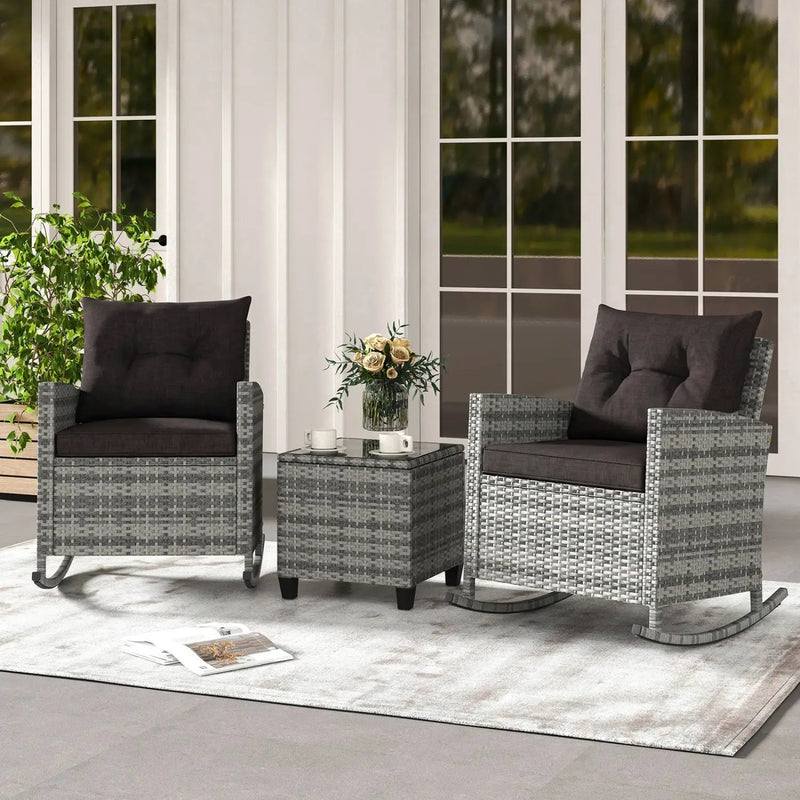 3-Piece Patio Rocking Chair Set with Glass Table & Cushions by DirectDeals