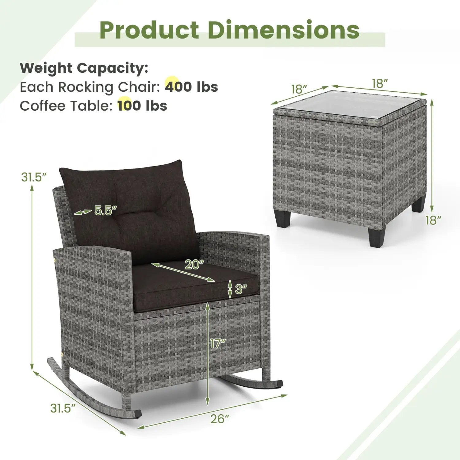 3-Piece Patio Rocking Chair Set with Glass Table & Cushions by DirectDeals