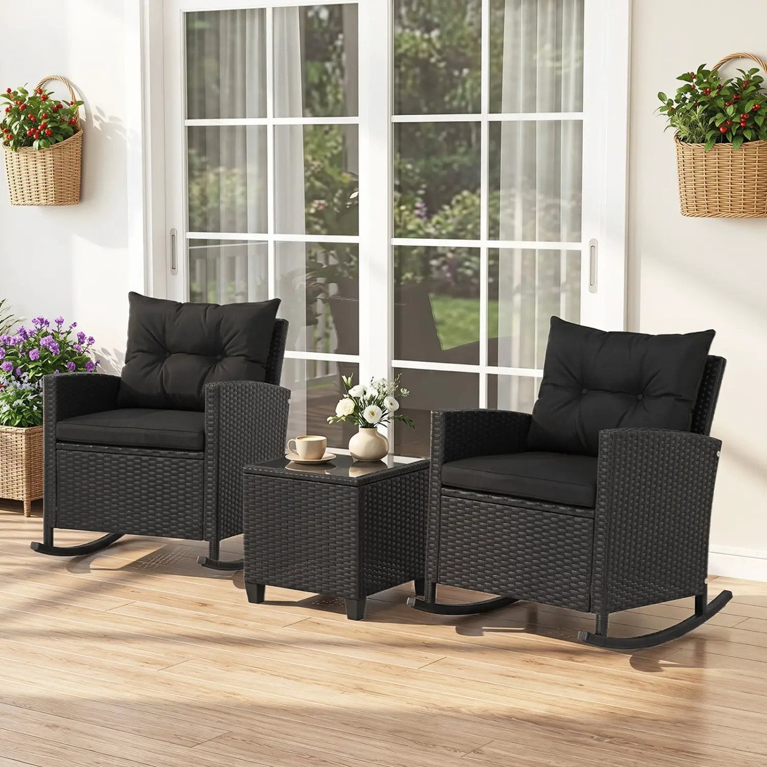 3-Piece Patio Rocking Chair Set with Glass Table & Cushions by DirectDeals