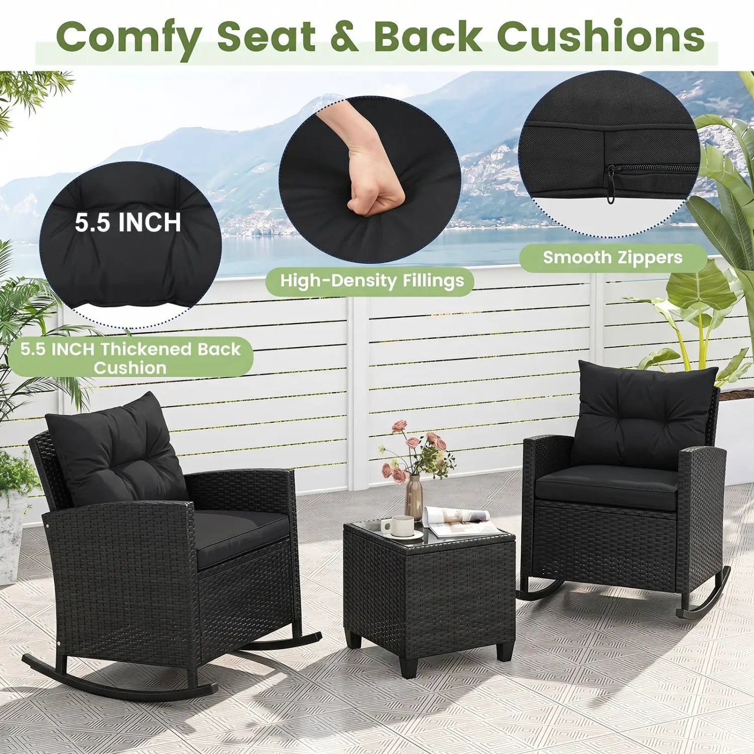 3-Piece Patio Rocking Chair Set with Glass Table & Cushions by DirectDeals