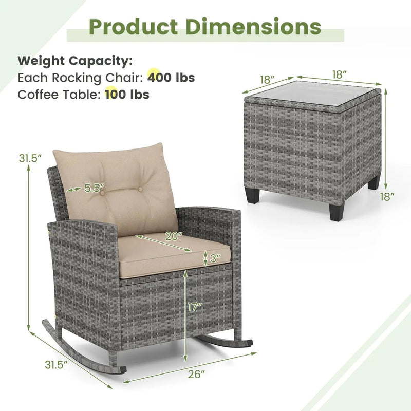 3-Piece Patio Rocking Chair Set with Glass Table by DirectDeals