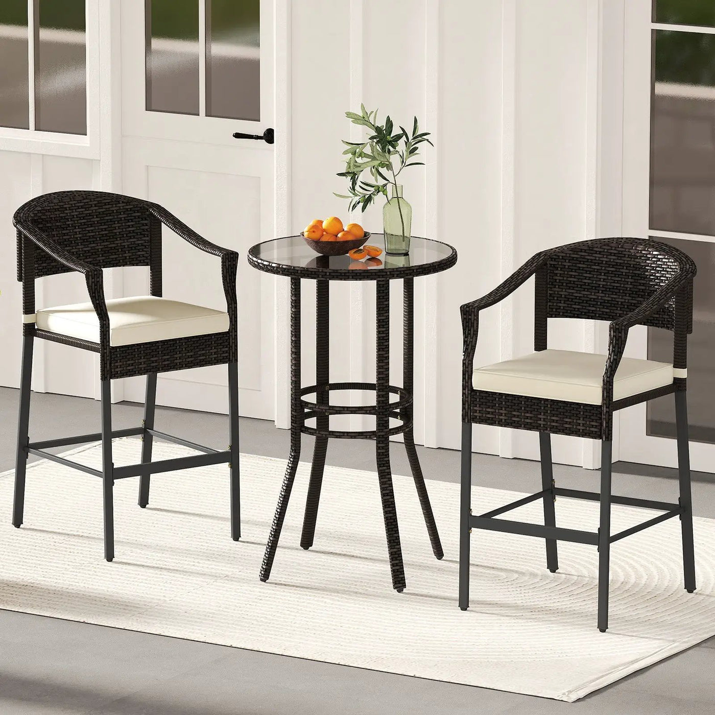 3-Piece Patio Rattan Bar Set with Tempered Glass Top for Backyard Poolside by DirectDeals