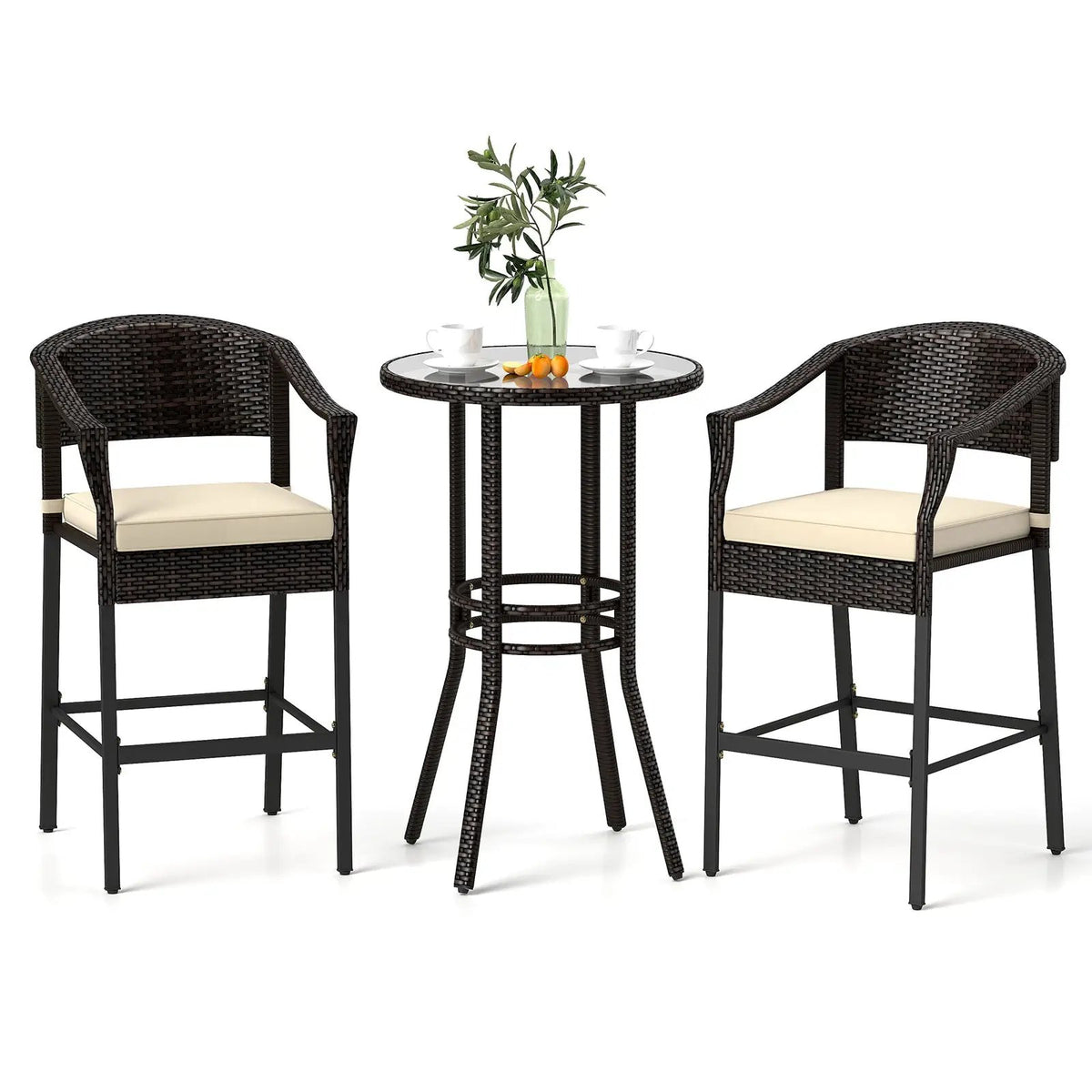 3-Piece Patio Rattan Bar Set with Tempered Glass Top for Backyard Poolside by DirectDeals