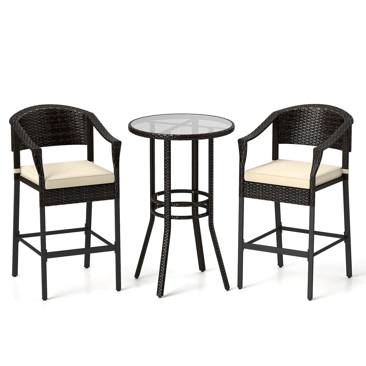 3-Piece Patio Rattan Bar Set with Tempered Glass Top for Backyard Poolside by DirectDeals
