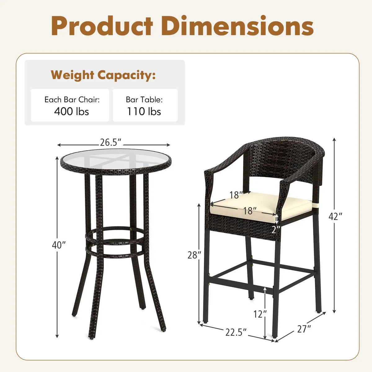3-Piece Patio Rattan Bar Set with Tempered Glass Top for Backyard Poolside by DirectDeals