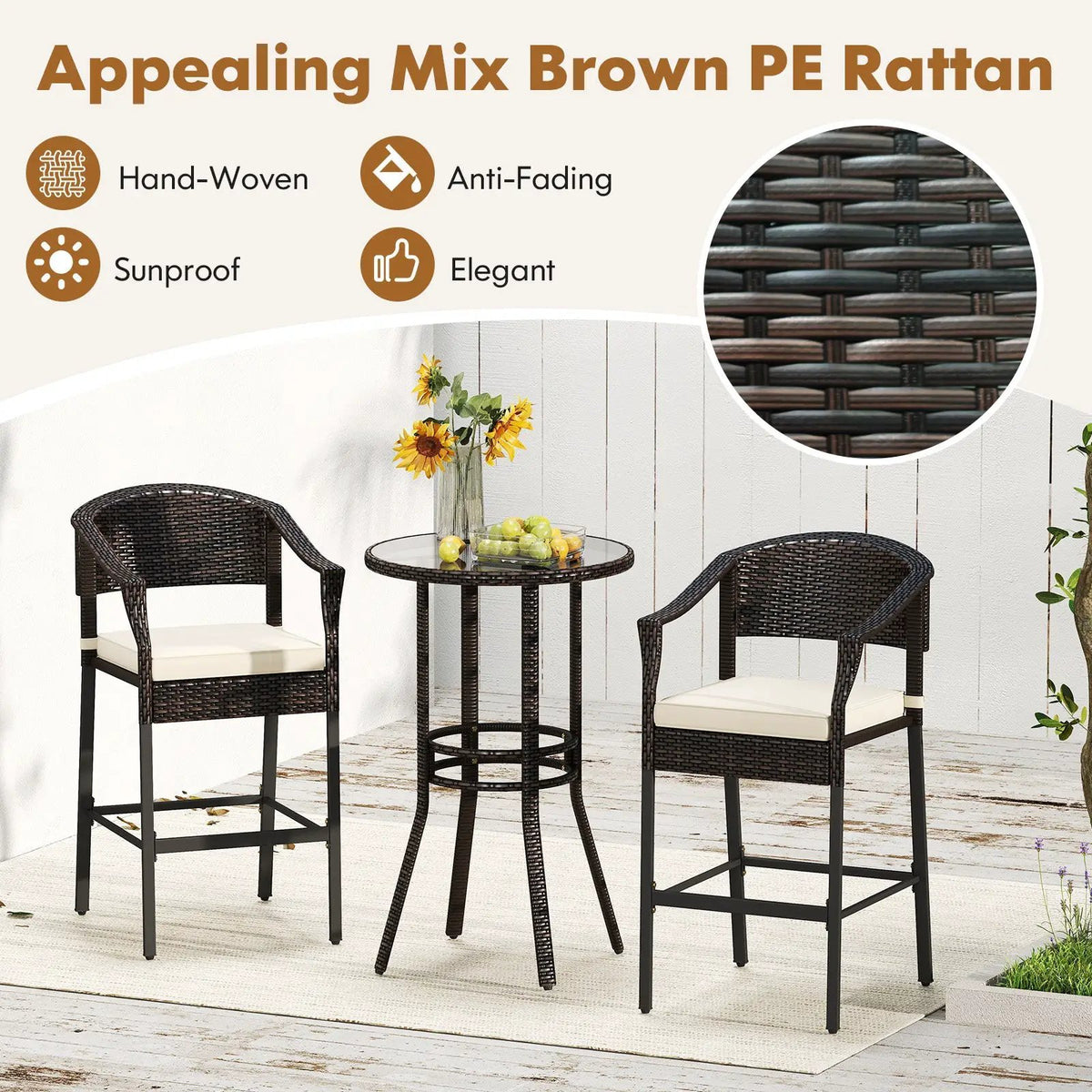 3-Piece Patio Rattan Bar Set with Tempered Glass Top for Backyard Poolside by DirectDeals