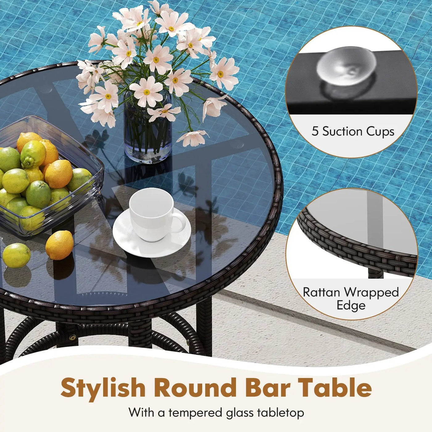 3-Piece Patio Rattan Bar Set with Tempered Glass Top for Backyard Poolside by DirectDeals
