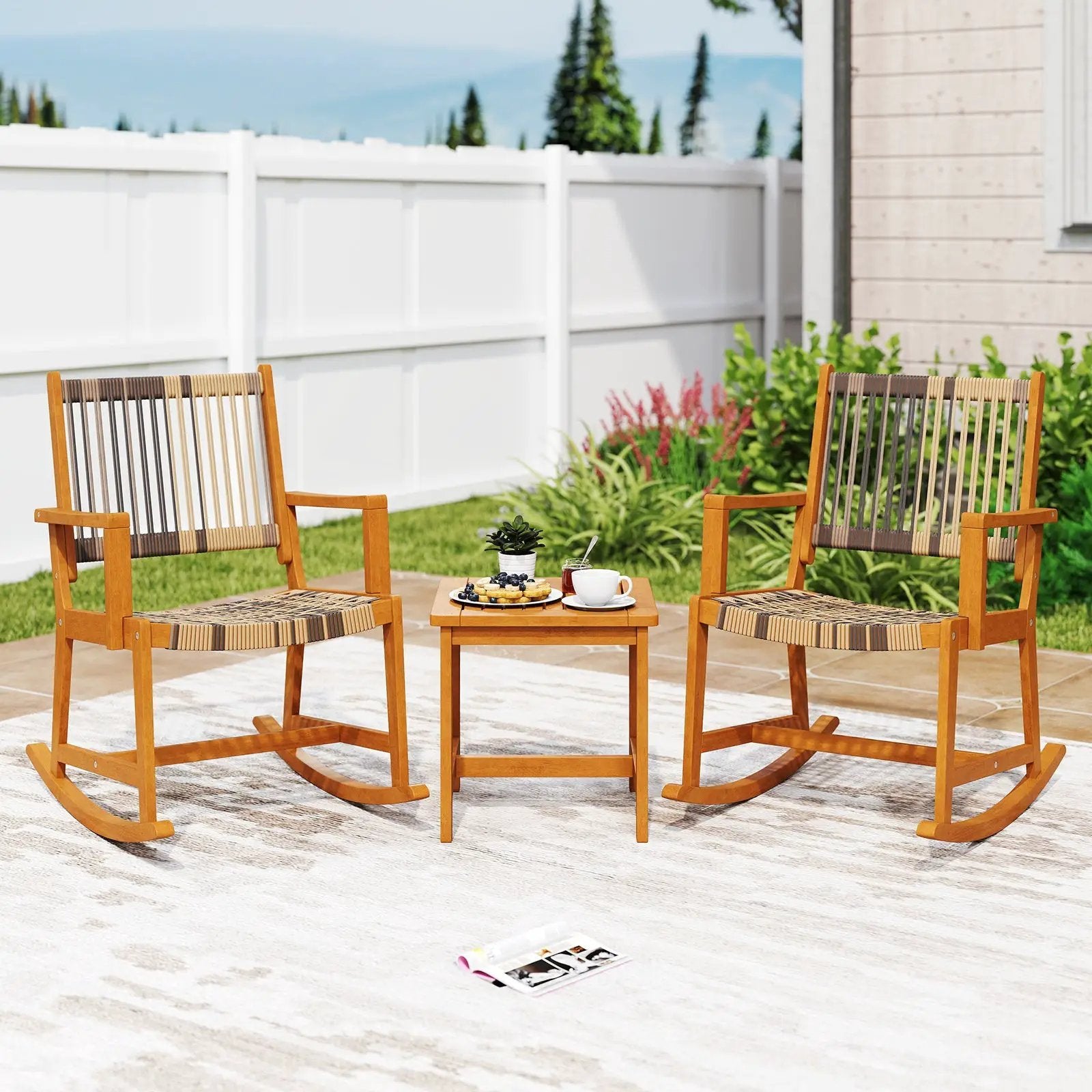 3 Piece Patio Rocking Set Acacia Wood Rocker Bistro Set with Rattan Seat and Back by DirectDeals