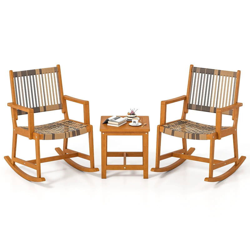 3 Piece Patio Rocking Set Acacia Wood Rocker Bistro Set with Rattan Seat and Back by DirectDeals