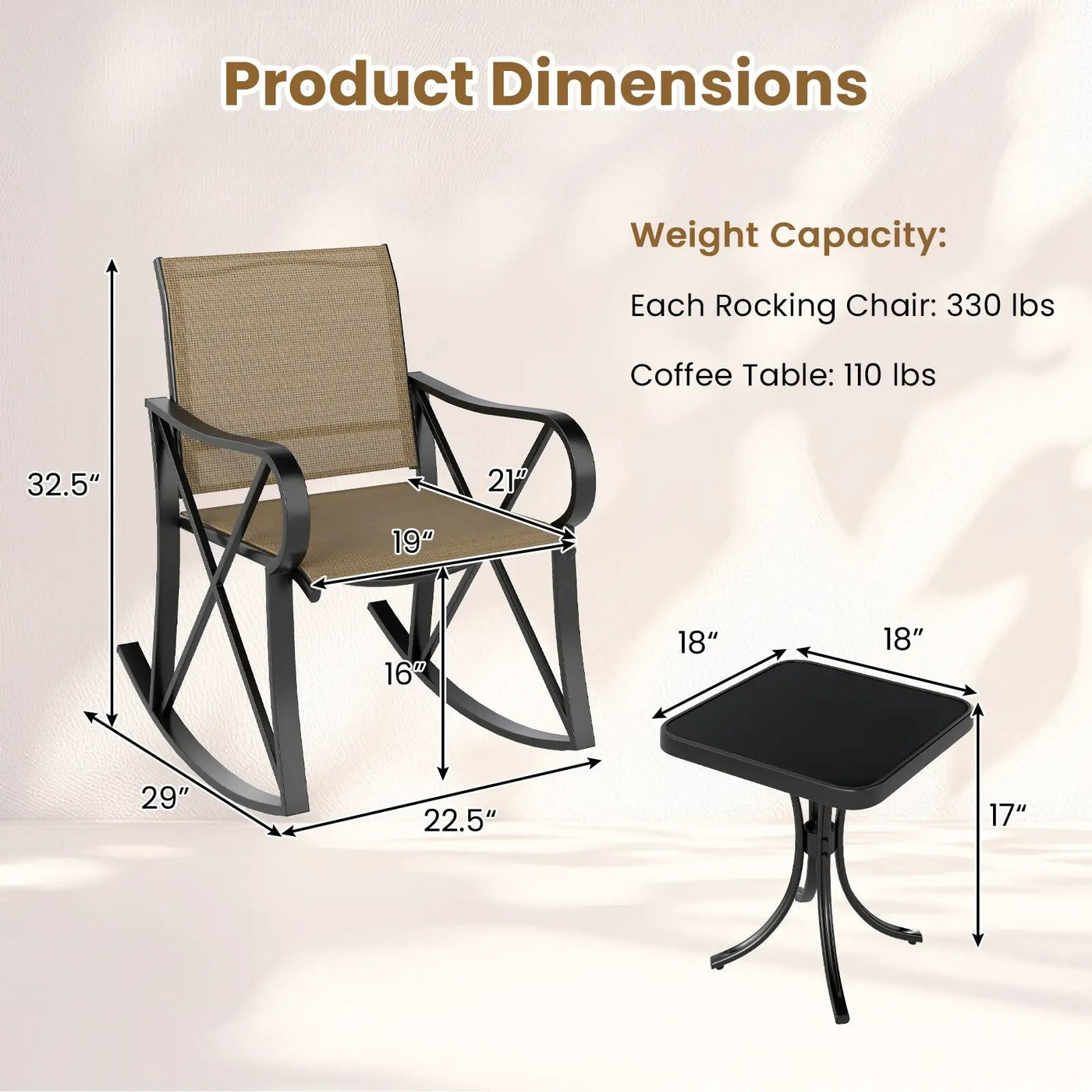 3 Piece Patio Rocking Set with Smooth Rocking Motion Outdoor Rocker Chair Bistro Set by DirectDeals