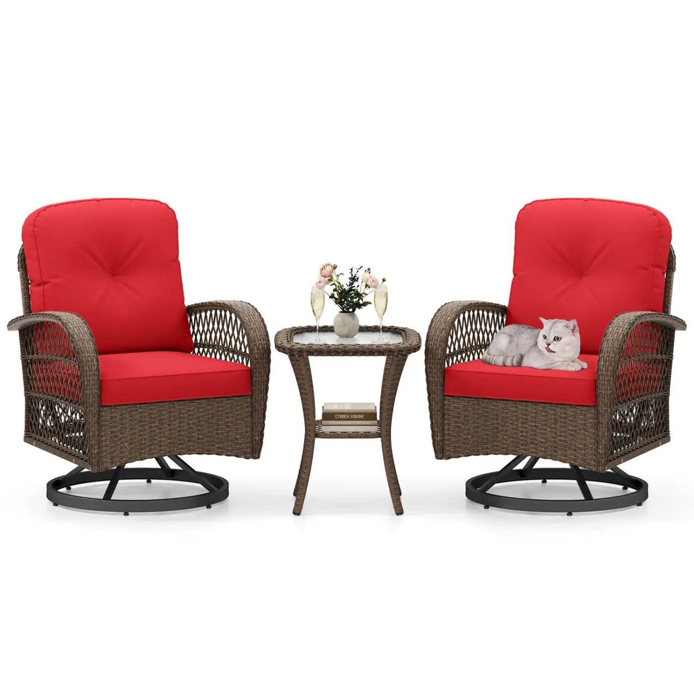 3 Piece Patio Swivel Rocker Set with Tempered Glass Side Table and Thick Cushions by DirectDeals