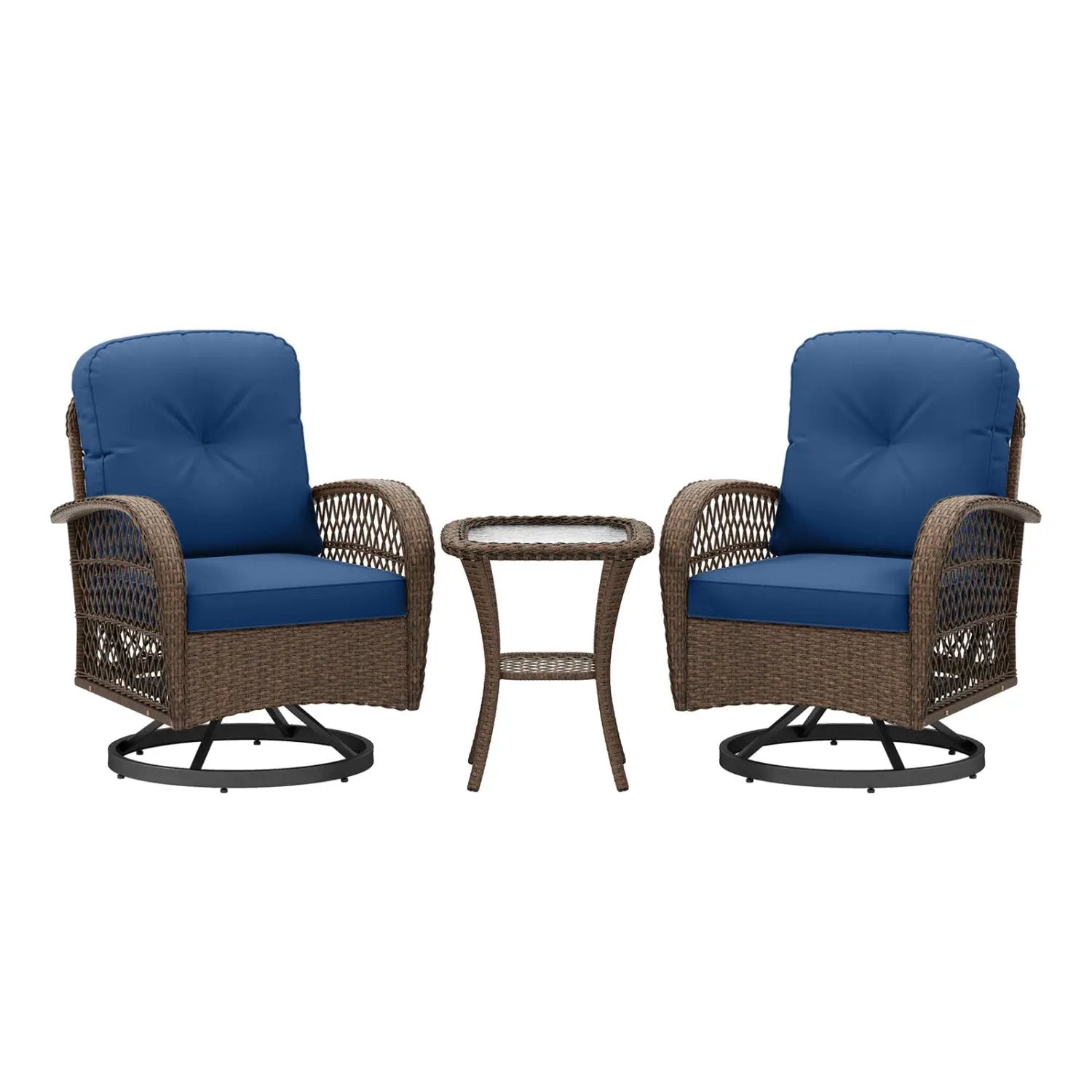 3 Piece Patio Swivel Rocker Set with Tempered Glass Side Table and Thick Cushions by DirectDeals