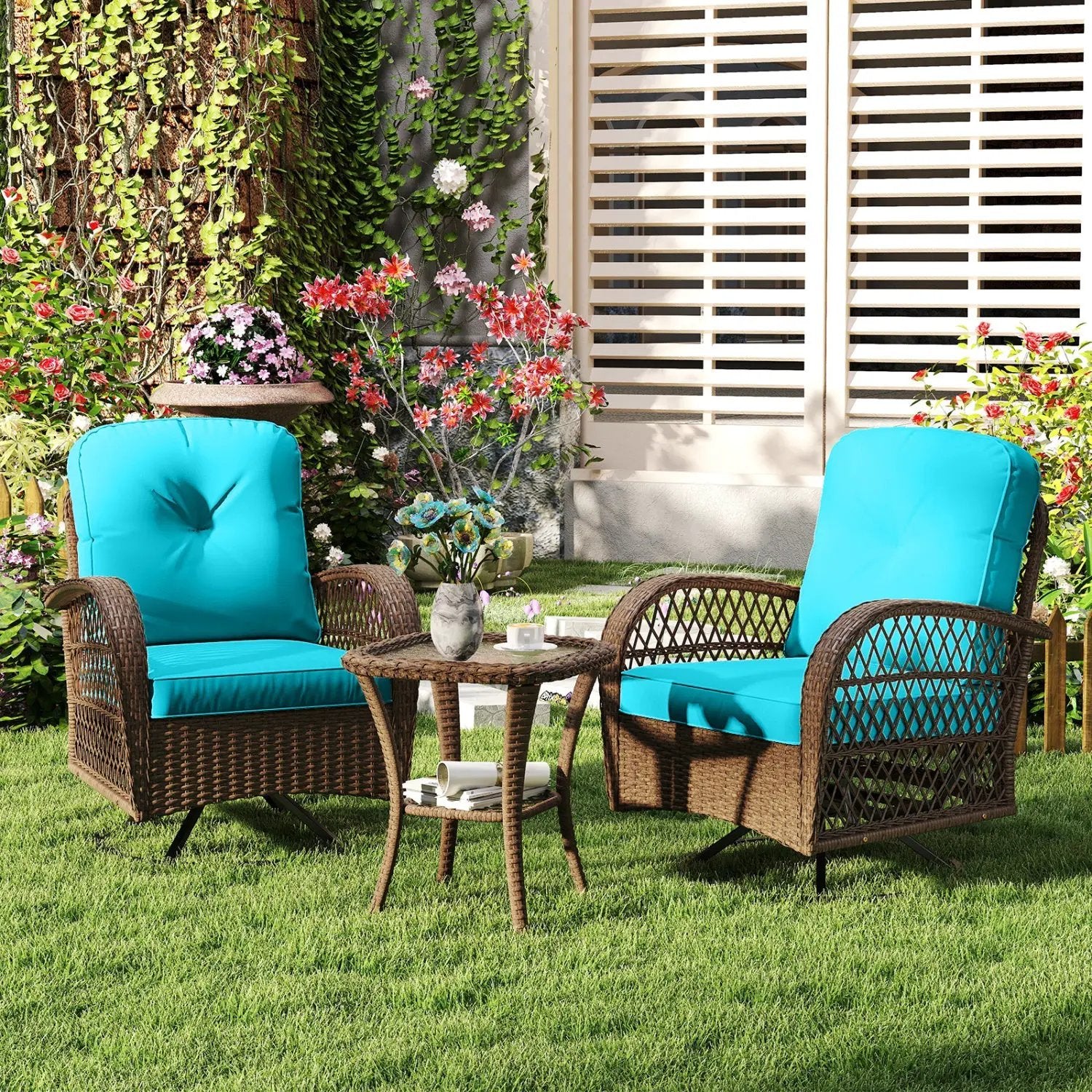 3-Piece Patio Swivel Rocker Set with Glass Side Table by DirectDeals