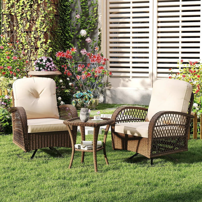 3 Piece Patio Swivel Rocker Set with Tempered Glass Side Table and Thick Cushions by DirectDeals