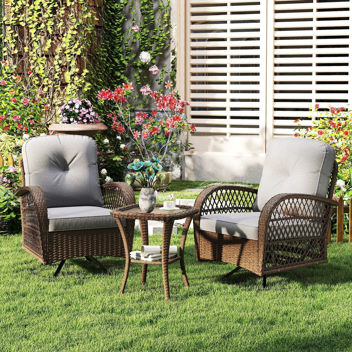 3 Piece Patio Swivel Rocker Set with Tempered Glass Side Table and Thick Cushions by DirectDeals