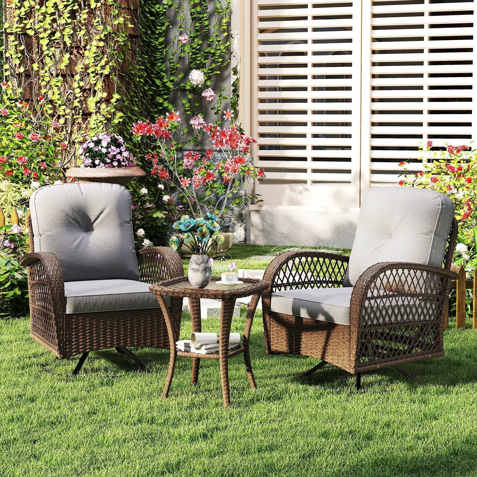 3 Piece Patio Swivel Rocker Set with Tempered Glass Side Table and Thick Cushions by DirectDeals