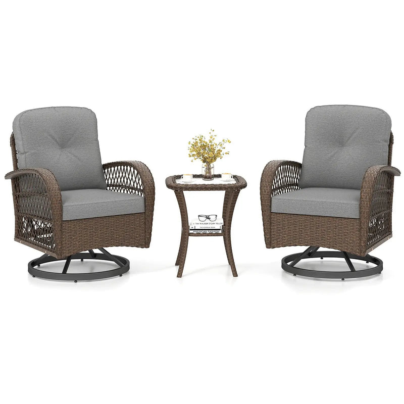 3 Piece Patio Swivel Rocker Set with Tempered Glass Side Table and Thick Cushions by DirectDeals