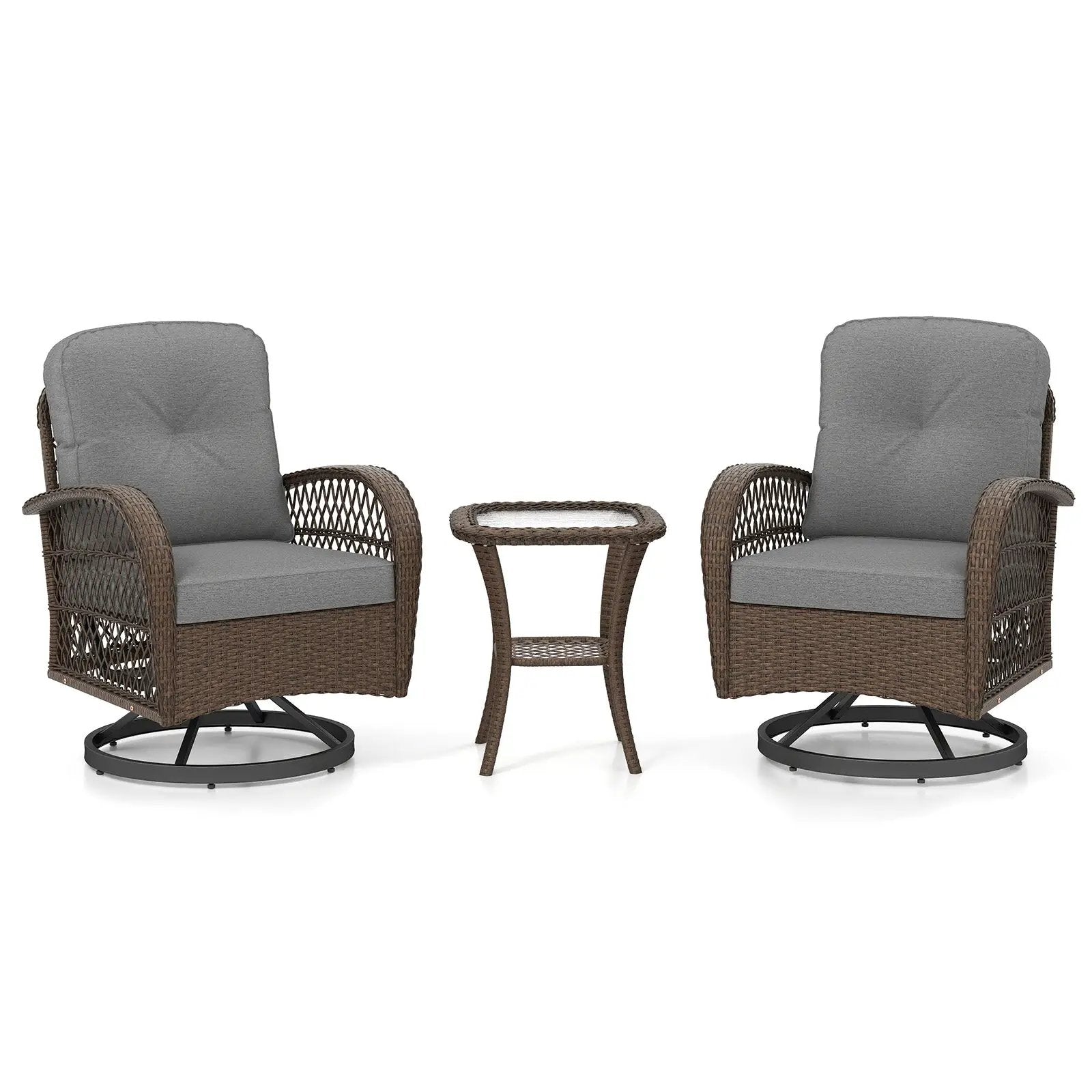 3 Piece Patio Swivel Rocker Set with Tempered Glass Side Table and Thick Cushions by DirectDeals