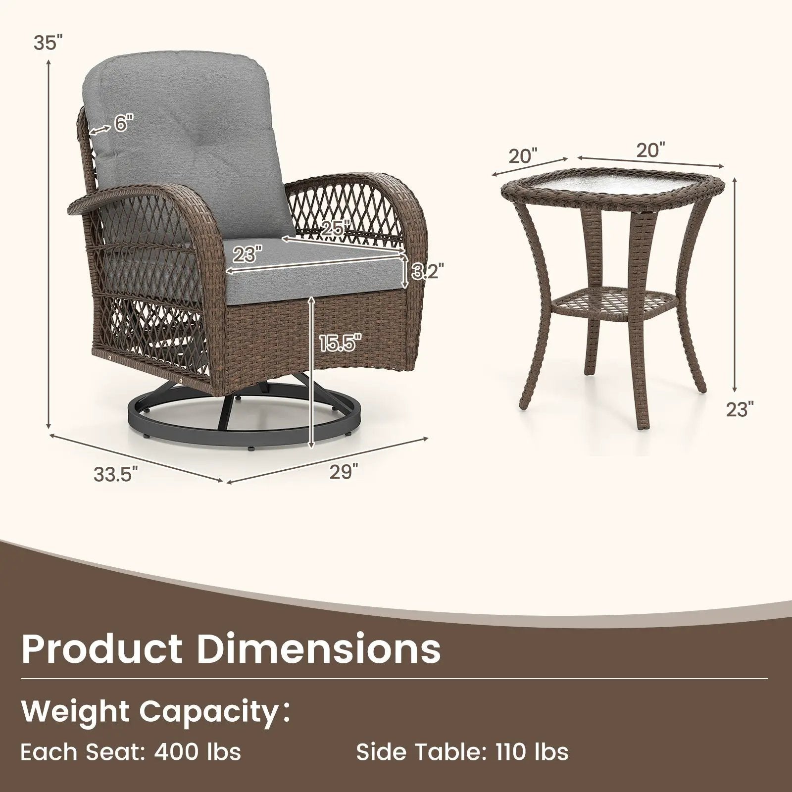 3 Piece Patio Swivel Rocker Set with Tempered Glass Side Table and Thick Cushions by DirectDeals