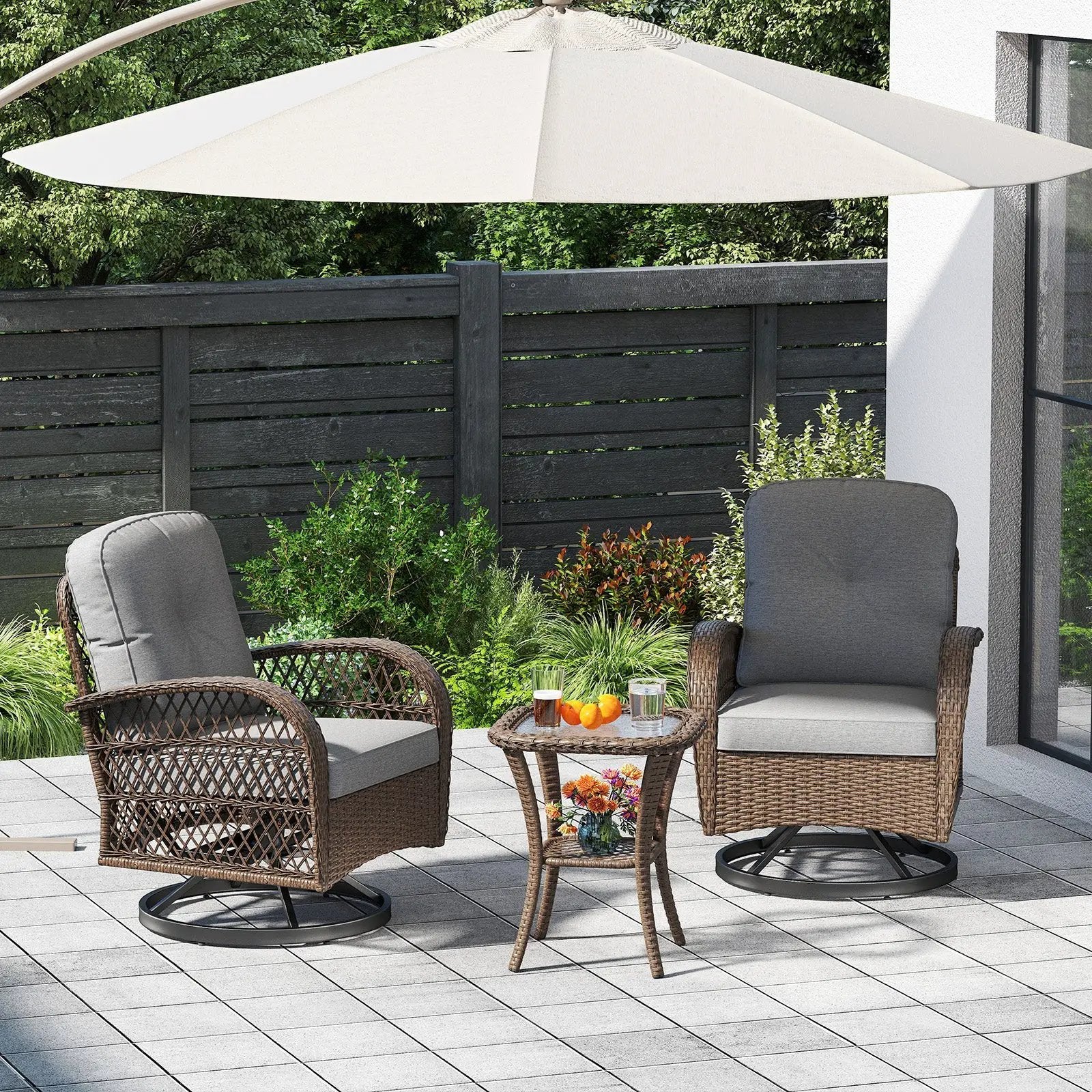 3 Piece Patio Swivel Rocker Set with Tempered Glass Side Table and Thick Cushions by DirectDeals