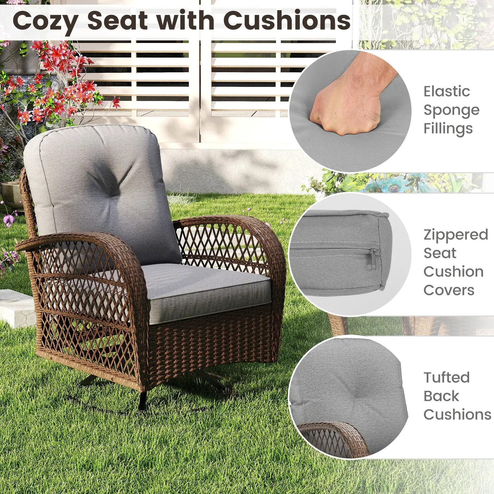 3 Piece Patio Swivel Rocker Set with Tempered Glass Side Table and Thick Cushions by DirectDeals