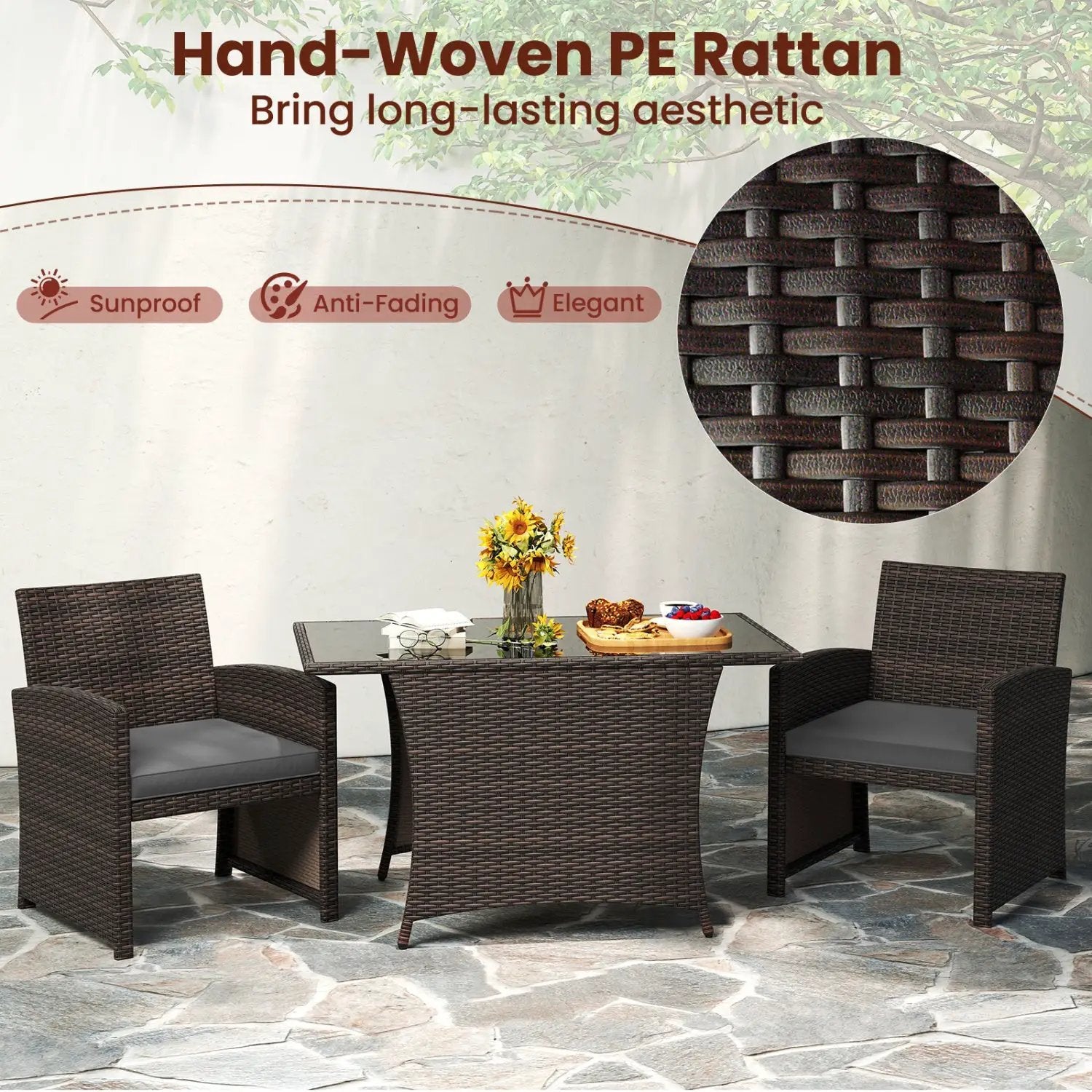 3-Piece Wicker Patio Dining Set with Tempered Glass Table by DirectDeals