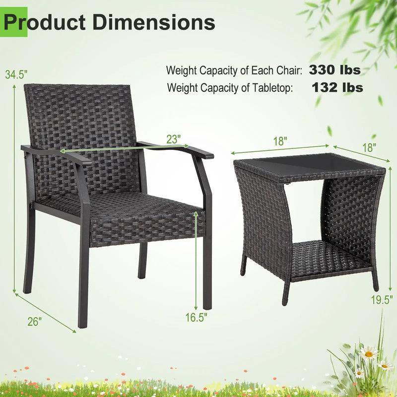 3 Piece Patio Wicker Chair Set with Quick Dry Foam Cushions All Weather by DirectDeals