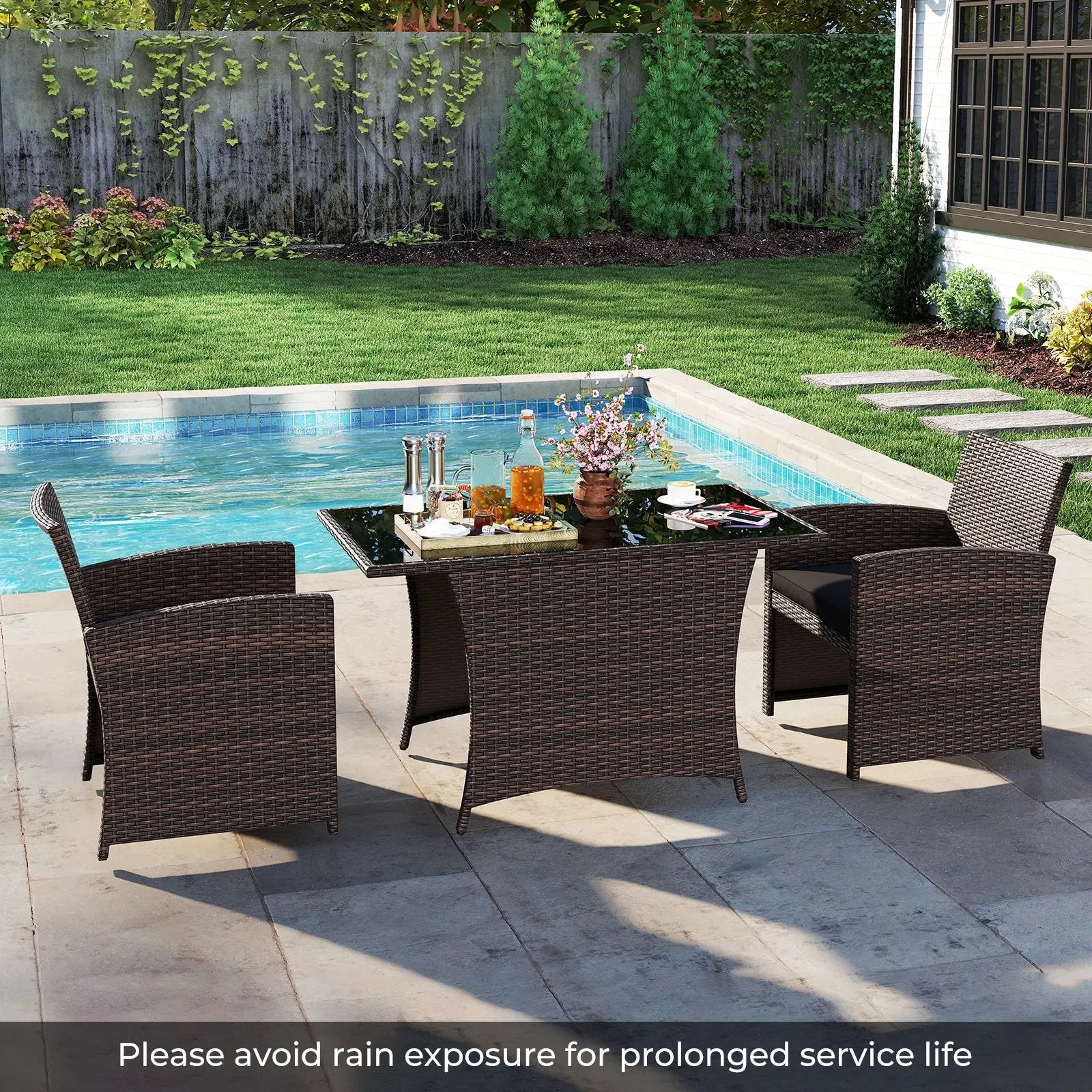 3 Piece Patio Wicker Dining Set with Rectangle Tempered Glass Dining Table-Brown by DirectDeals