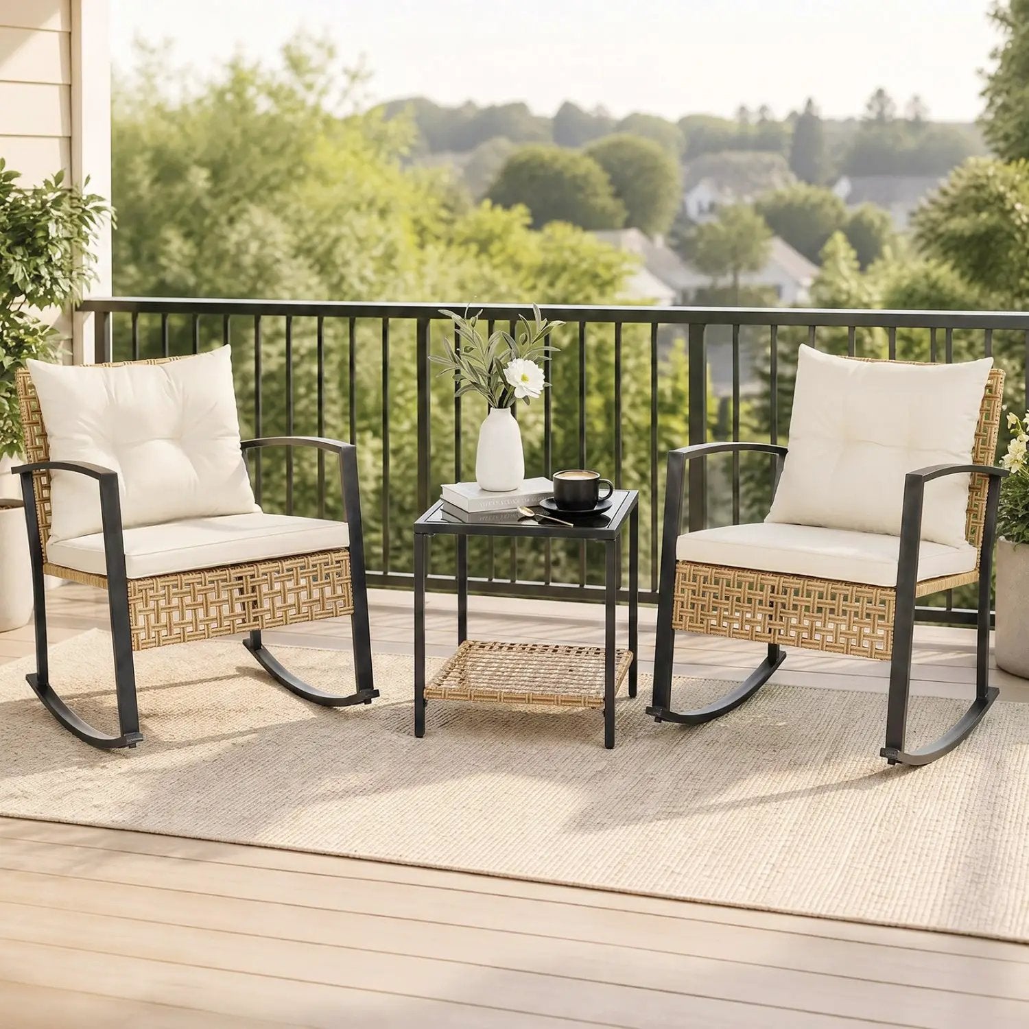 3-Piece Rattan Patio Conversation Set with Rocking Chairs by DirectDeals
