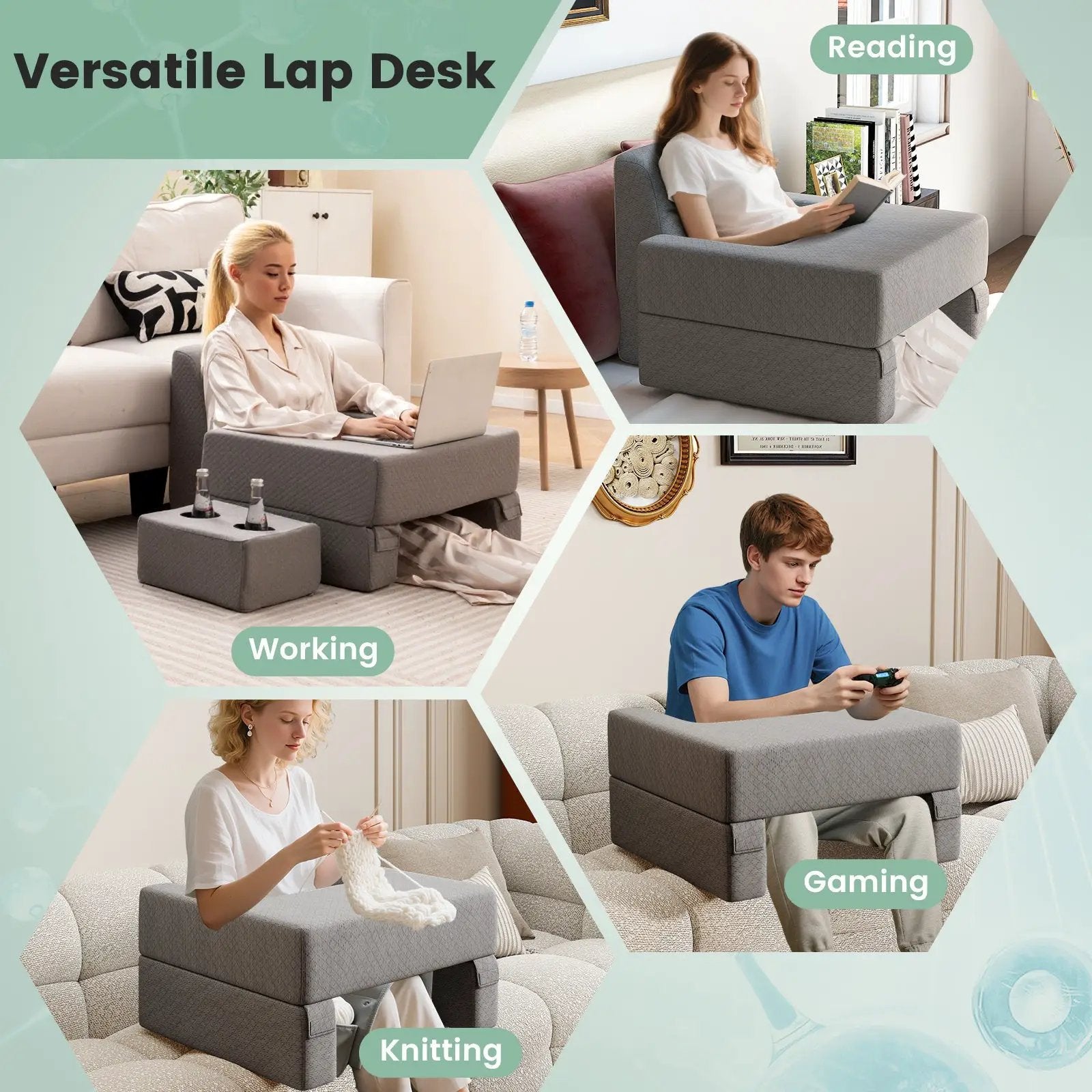 3-Piece Reading Pillow Set Extra Large Lap Desk with Coaster-Gray by DirectDeals