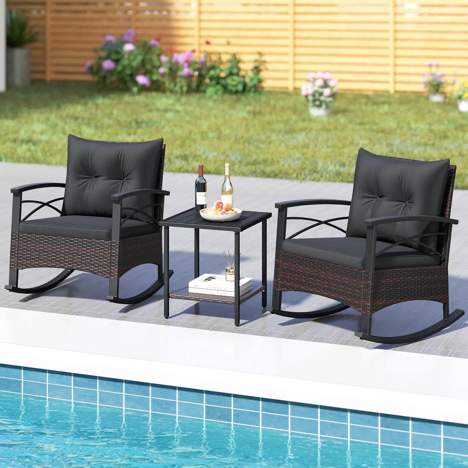 3 Piece Rocking Bistro Set PE Rattan Rocker Chairs with Acacia Wood Top Table by DirectDeals
