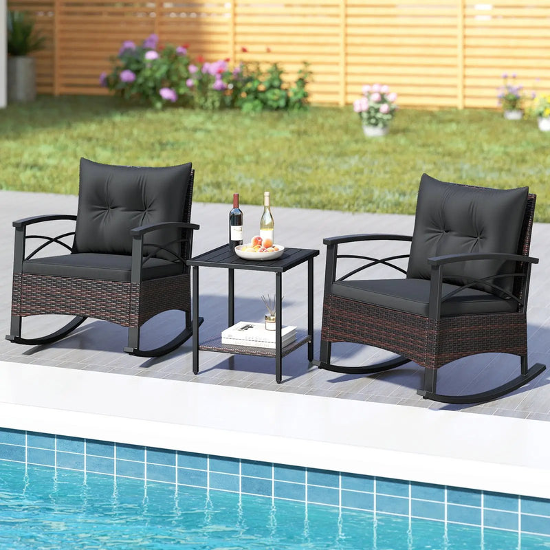 3 Piece Rocking Bistro Set PE Rattan Rocker Chairs with Acacia Wood Top Table by DirectDeals