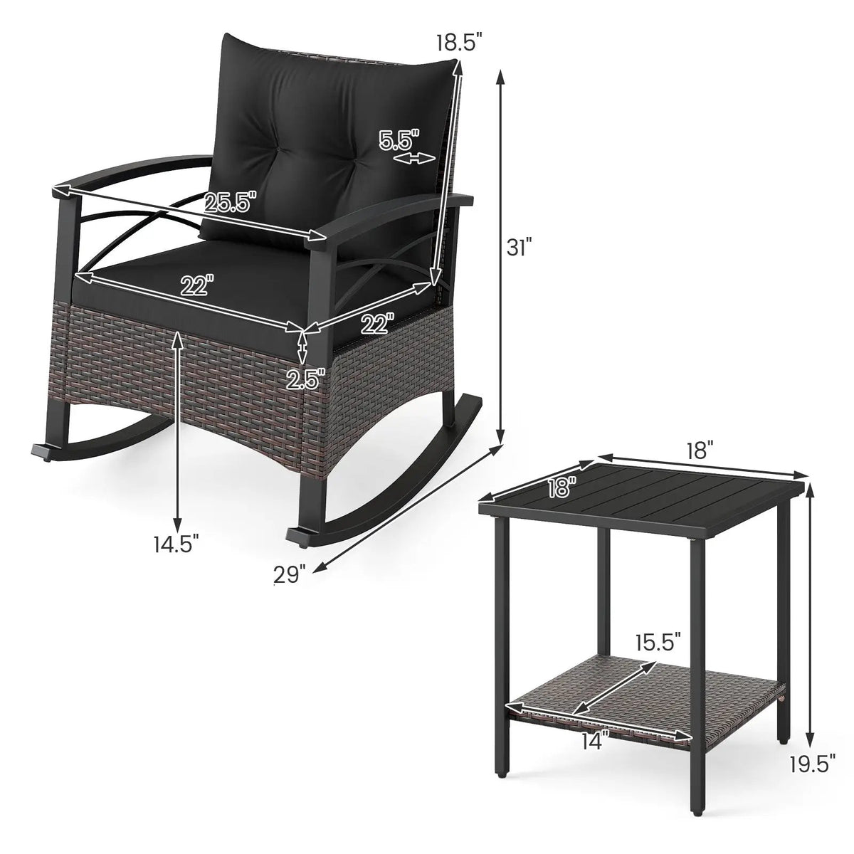 3 Piece Rocking Bistro Set PE Rattan Rocker Chairs with Acacia Wood Top Table by DirectDeals