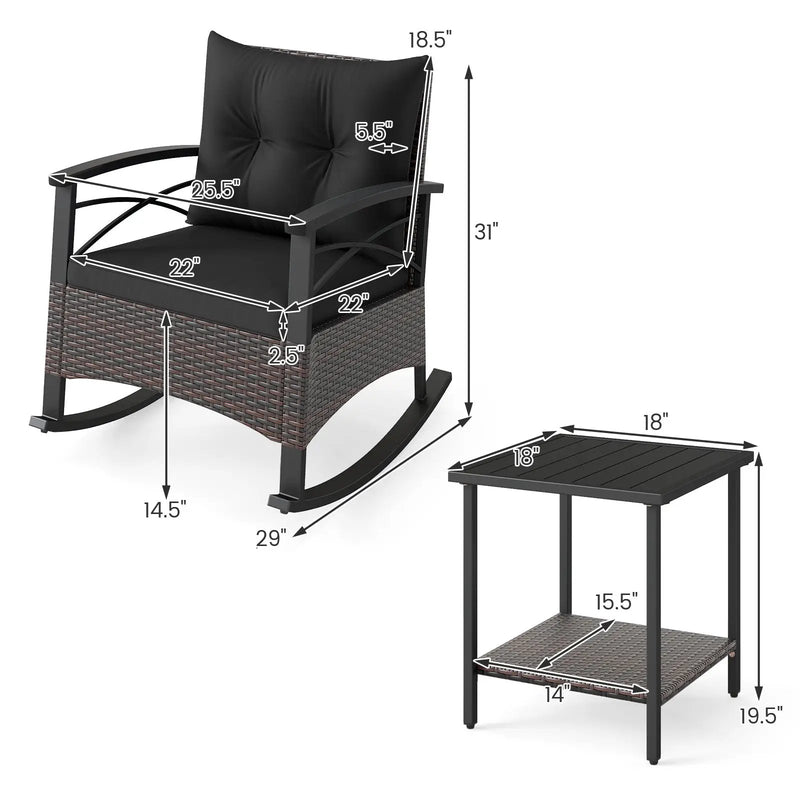 3 Piece Rocking Bistro Set PE Rattan Rocker Chairs with Acacia Wood Top Table by DirectDeals