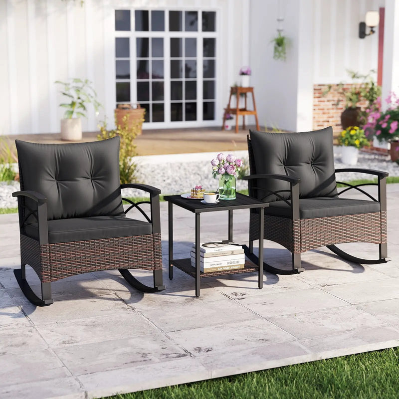 3 Piece Rocking Bistro Set PE Rattan Rocker Chairs with Acacia Wood Top Table by DirectDeals