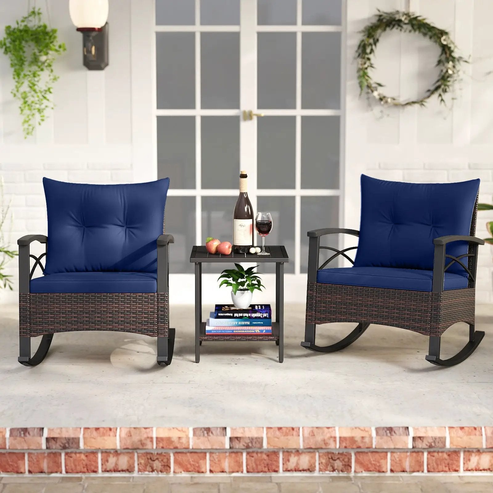 3 Piece Rocking Bistro Set PE Rattan Rocker Chairs with Acacia Wood Top Table by DirectDeals