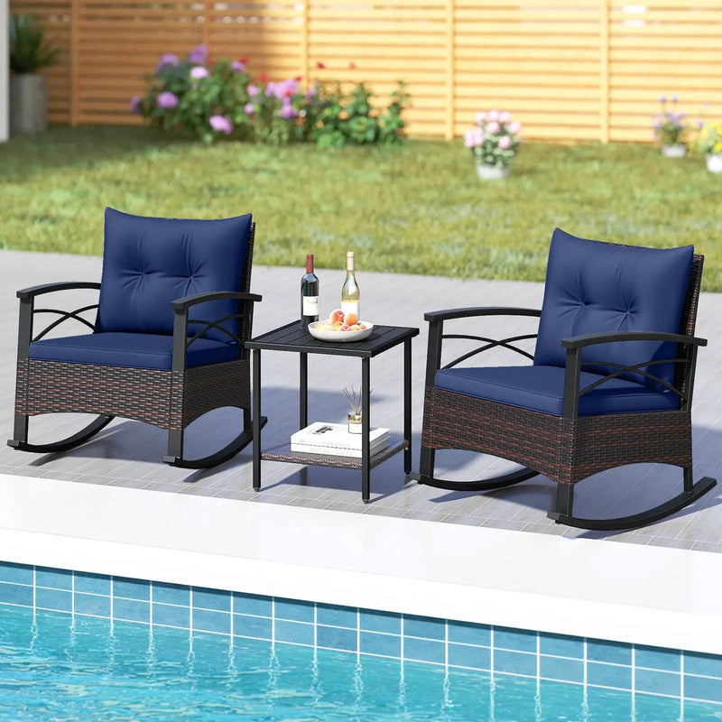 3 Piece Rocking Bistro Set PE Rattan Rocker Chairs with Acacia Wood Top Table by DirectDeals