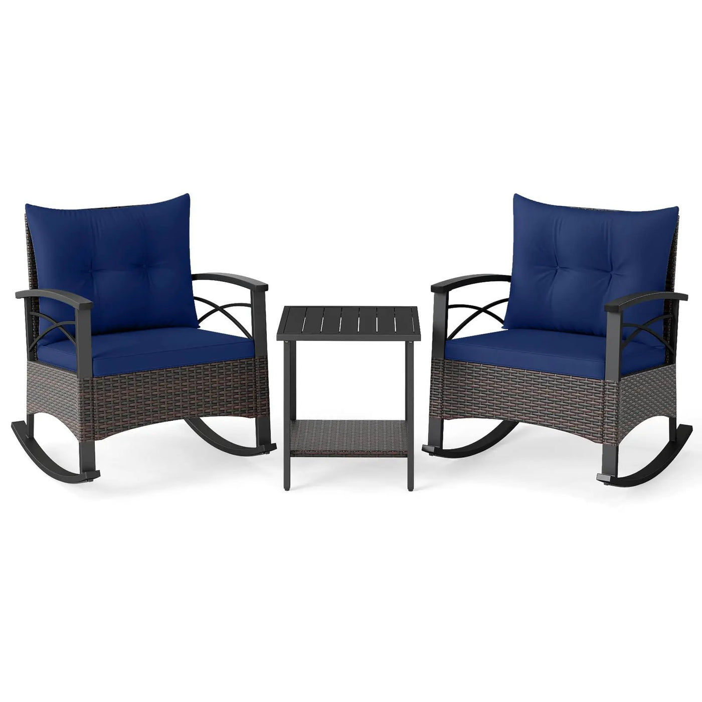 3 Piece Rocking Bistro Set PE Rattan Rocker Chairs with Acacia Wood Top Table by DirectDeals