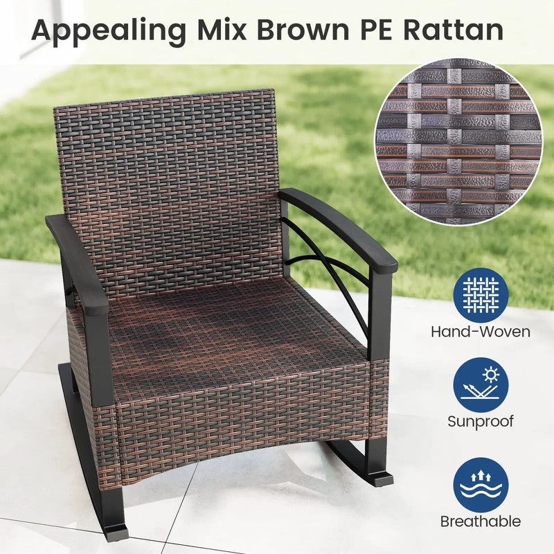 3 Piece Rocking Bistro Set PE Rattan Rocker Chairs with Acacia Wood Top Table by DirectDeals